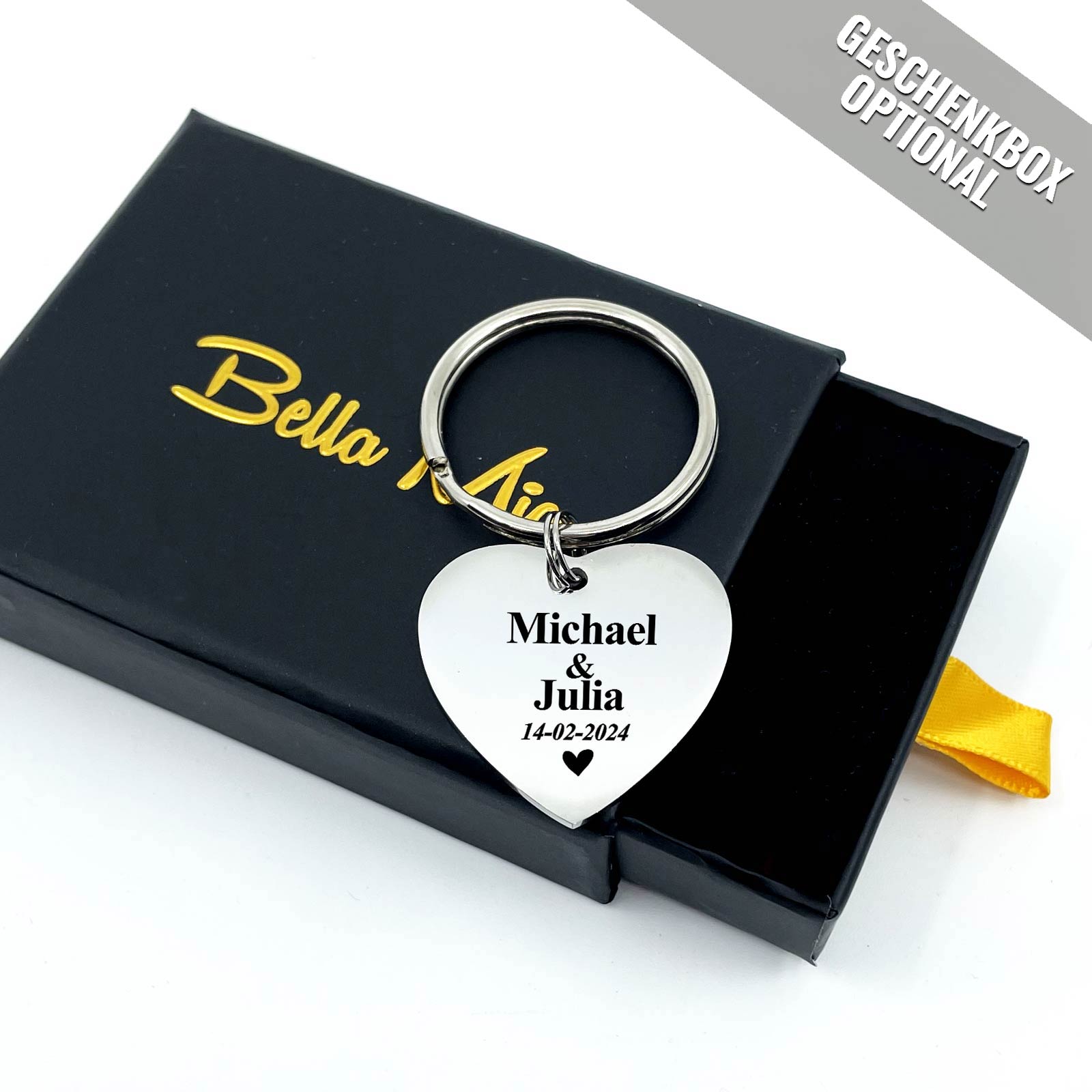 Personalisierter Herz-Schlüsselanhänger mit Namen und Datum